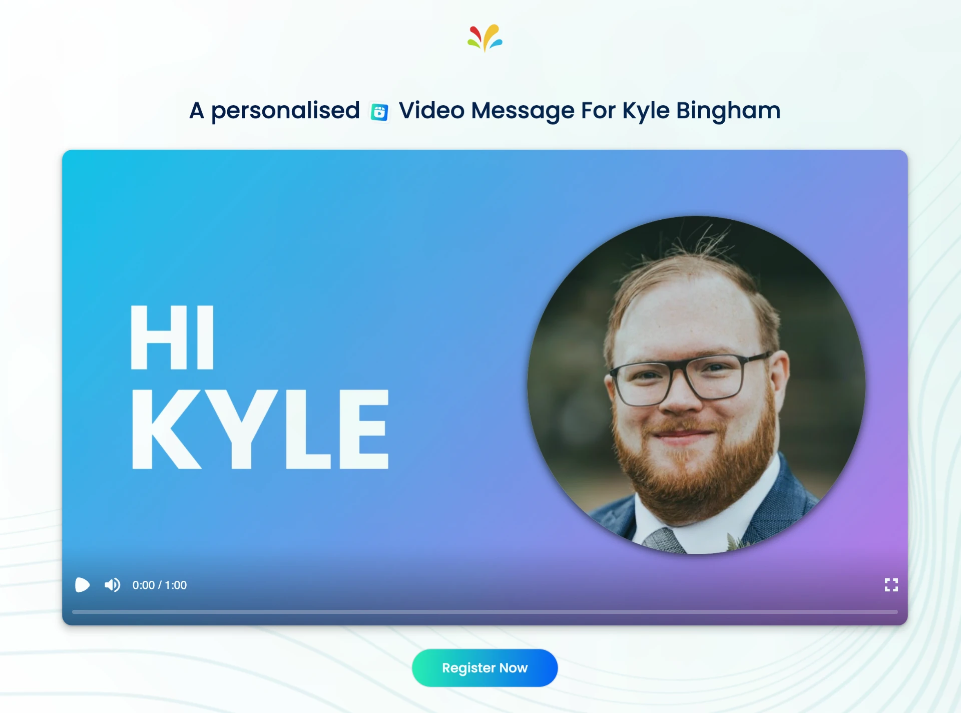 A real Avidio recipient landing page: the event logo at the top, a headline personalised with the recipient's name, their personalised video, and the campaign call-to-action button.